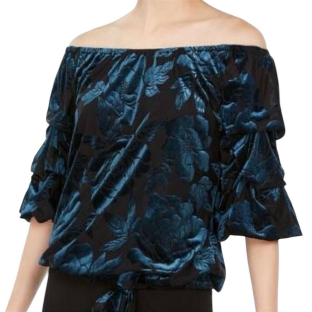 MSK Puff Sleeve Top Womens XL Burnout Off Shoulder Tie Waist Whimsigoth New - Picture 11 of 11